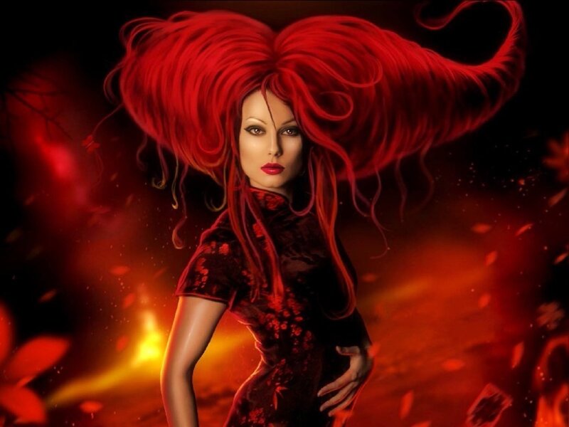 Woman with Red Hair — Dramatic, Digital Art, Red Dress, Fire