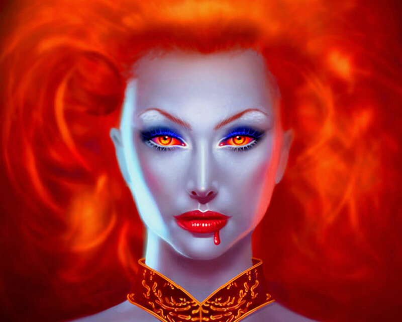 Woman with Red Hair — Dramatic, Digital Art, Red Eyes, Blood