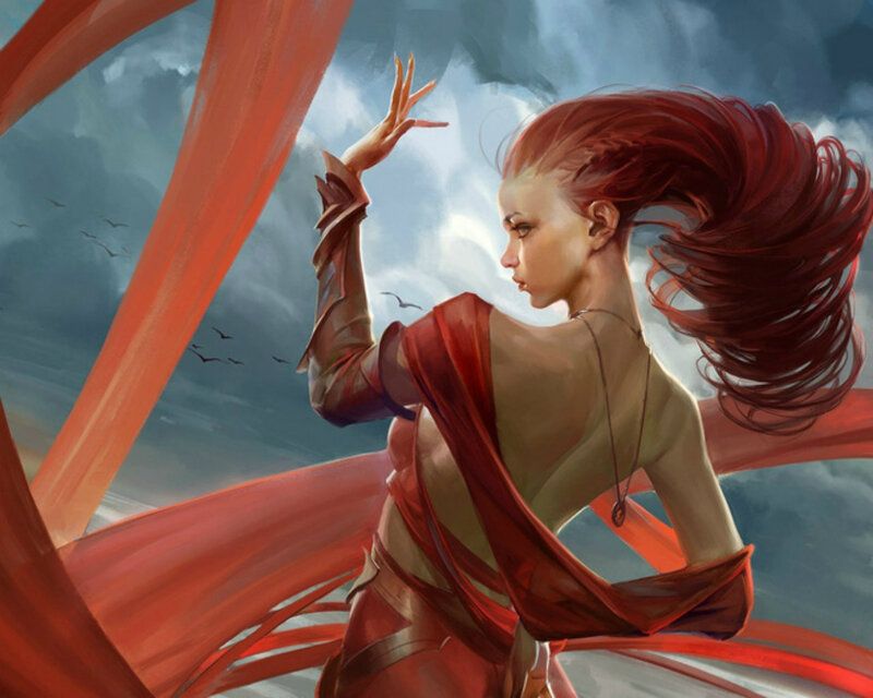 Woman with Red Hair — Dramatic, Digital Art, Red Fabric, Clouds