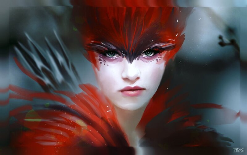 Woman with Red Hair — Dramatic, Digital Art, Red Feathers
