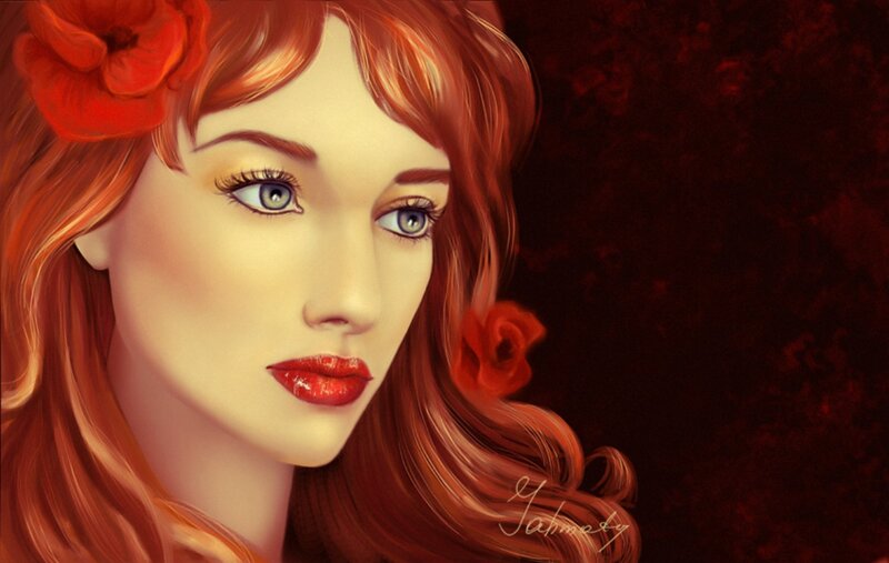 Woman with Red Hair — Dramatic, Digital Art, Red Flower, Blue Eyes