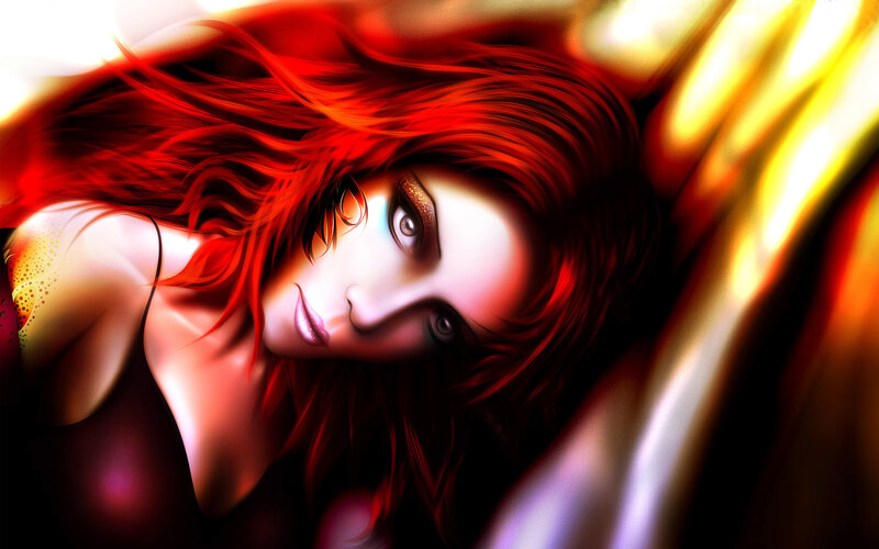 Woman with Red Hair — Dramatic, Digital Art, Red Hair, Dark Clothing