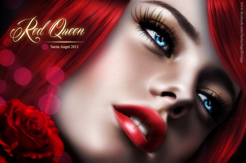Woman with Red Hair — Dramatic, Digital Art, Red Rose, Blue Eyes