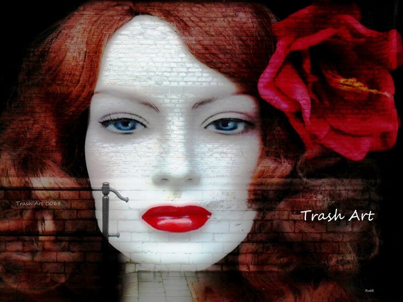 Woman with Red Hair — Dramatic, Digital Art, Red Rose, Brick Wall