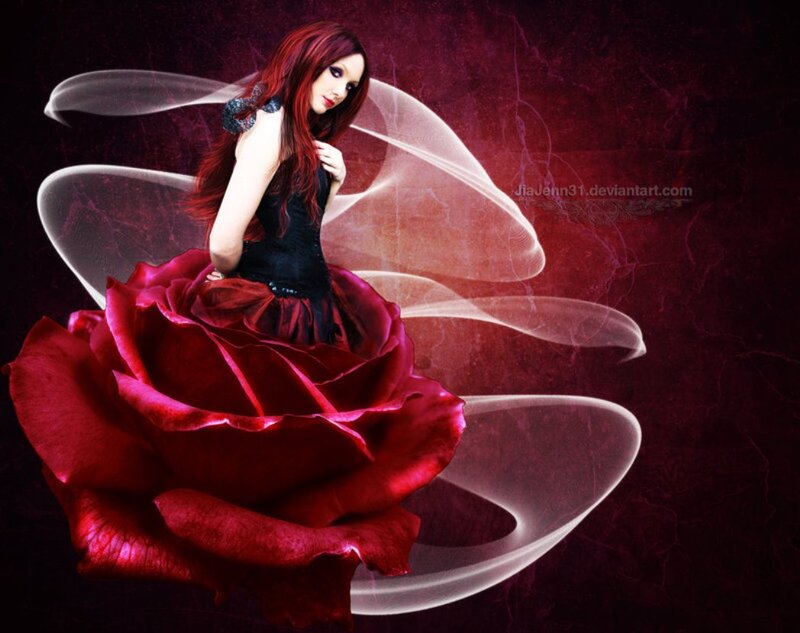 Woman with Red Hair — Dramatic, Digital Art, Red Rose, Wings