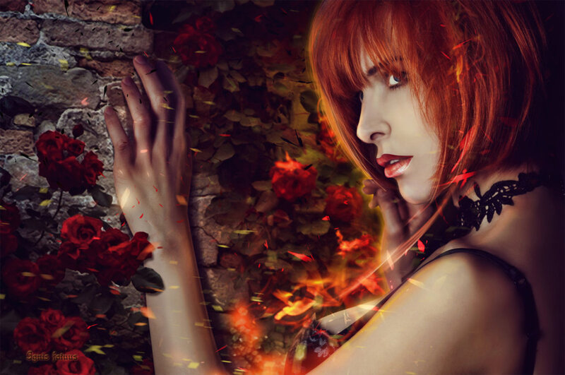Woman with Red Hair — Dramatic, Digital Art, Red Roses, Brick Wall