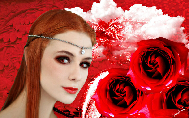 Woman with Red Hair — Dramatic, Digital Art, Red Roses, Dragon