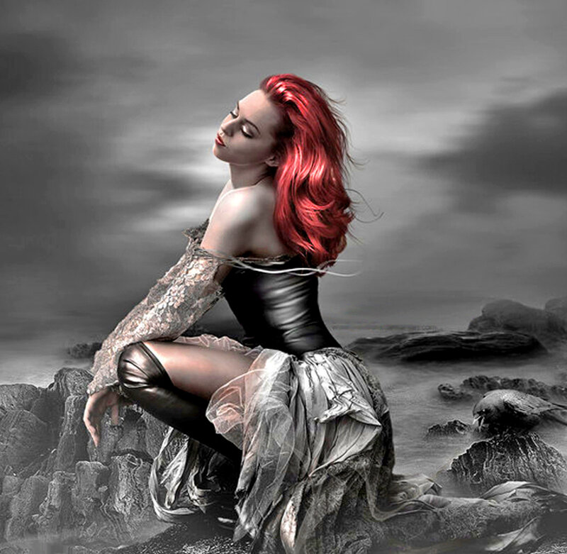 Woman with Red Hair — Dramatic, Digital Art, Rocks, Sea