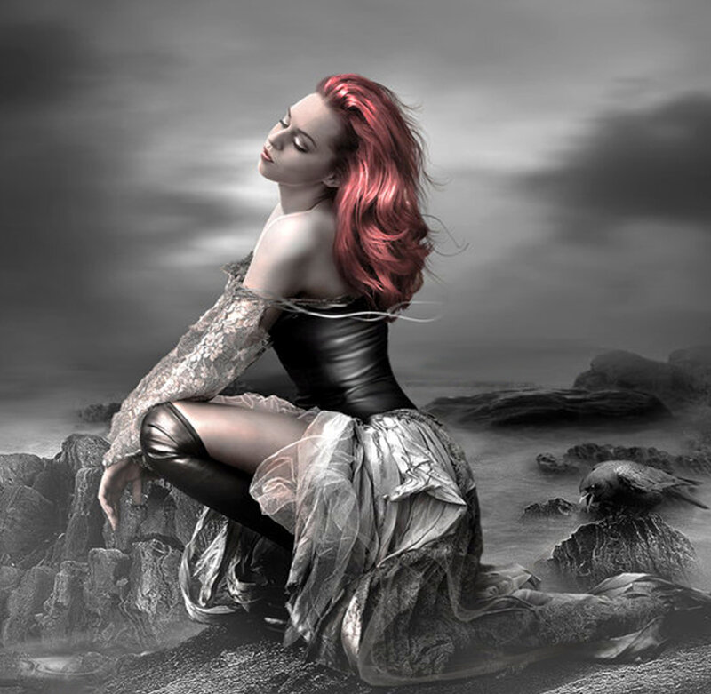 Woman with Red Hair — Dramatic, Digital Art, Rocks