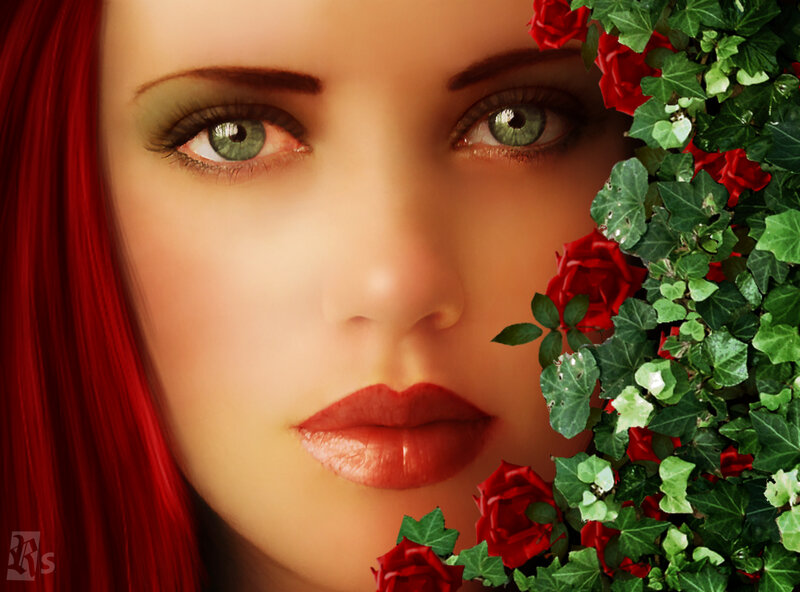 Woman with Red Hair — Dramatic, Digital Art, Roses, Ivy