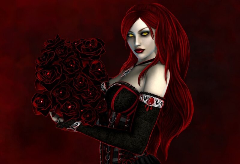 Woman with Red Hair — Dramatic, Digital Art, Roses