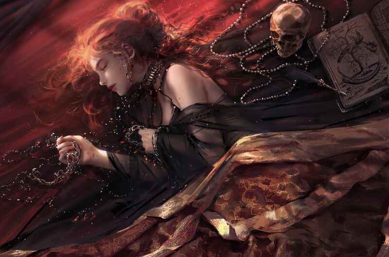 Woman with Red Hair — Dramatic, Digital Art, Skull, Book, Crown