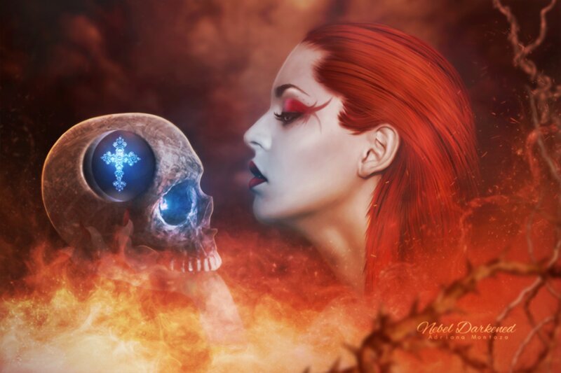 Woman with Red Hair — Dramatic, Digital Art, Skull, Fire