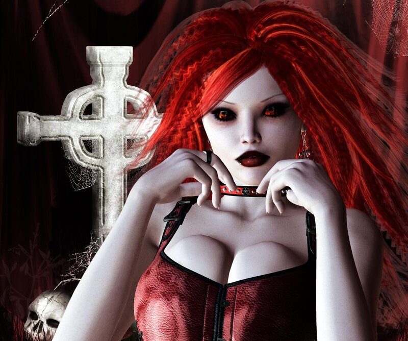 Woman with Red Hair — Dramatic, Digital Art, Skull