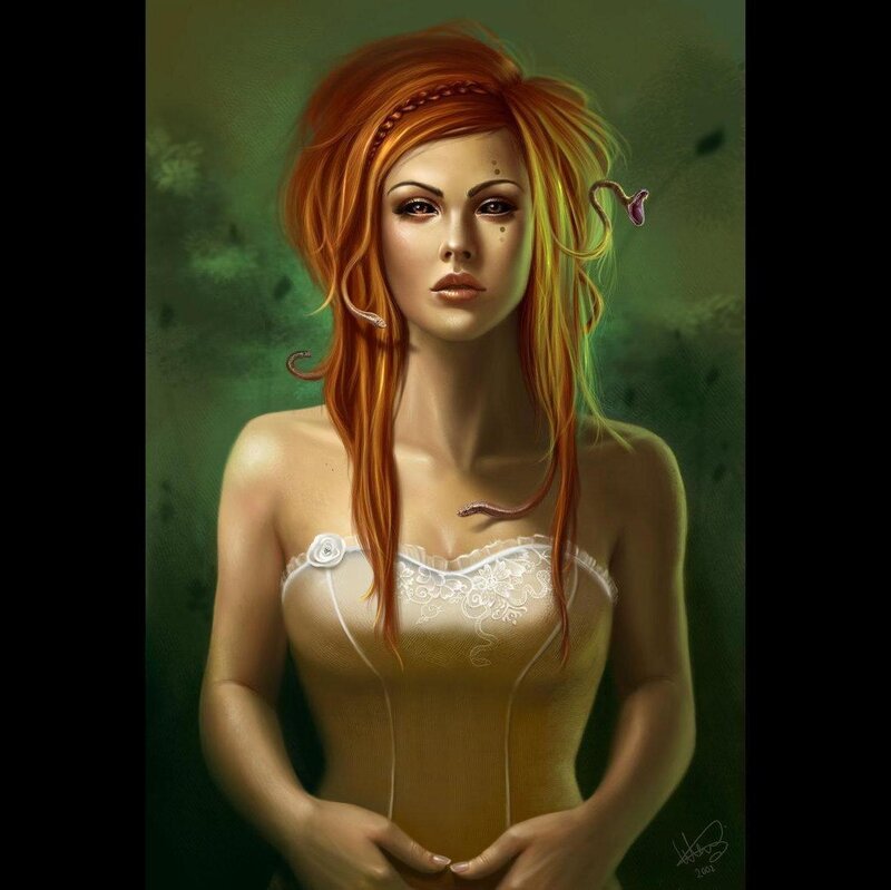 Woman with Red Hair — Dramatic, Digital Art, Snakes