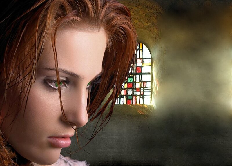 Woman with Red Hair — Dramatic, Digital Art, Stained Glass Window