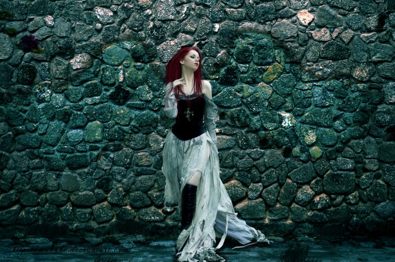 Woman with Red Hair — Dramatic, Digital Art, Stone Wall