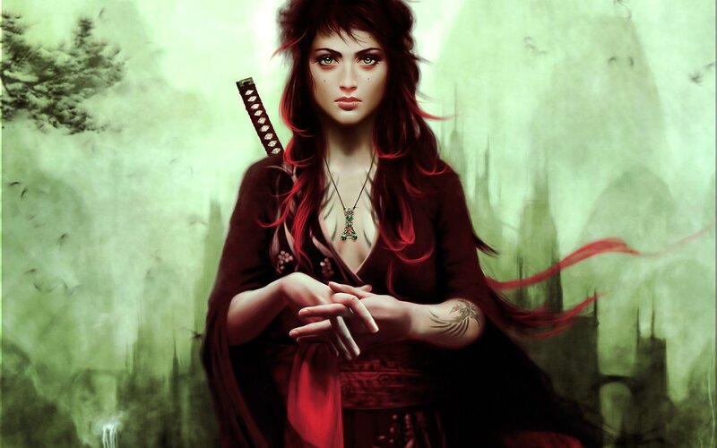 Woman with Red Hair — Dramatic, Digital Art, Sword, Tattoo, Necklace