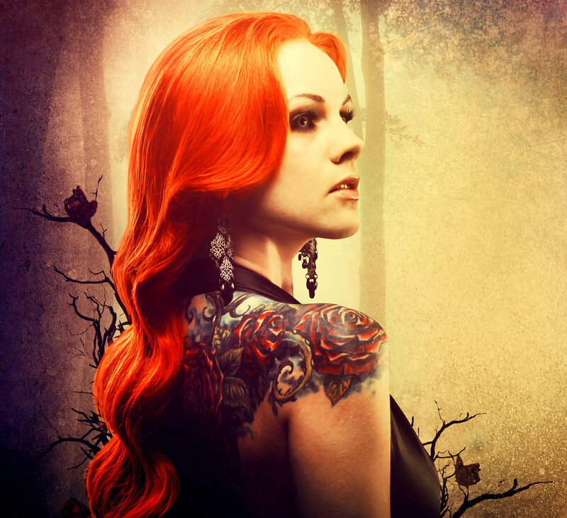 Woman with Red Hair — Dramatic, Digital Art, Tattoo, Earrings