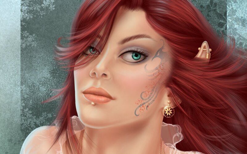 Woman with Red Hair — Dramatic, Digital Art, Tattoo, Piercing, Earring
