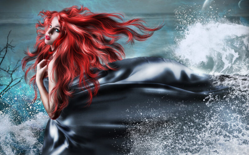 Woman with Red Hair — Dramatic, Digital Art, Waves