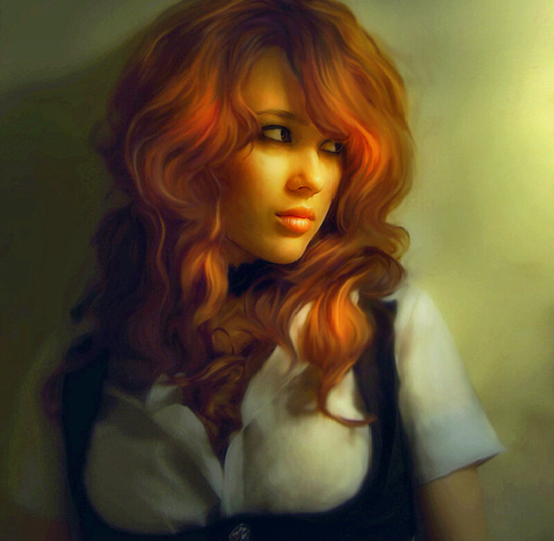 Woman with Red Hair — Dramatic, Digital Art, White Shirt