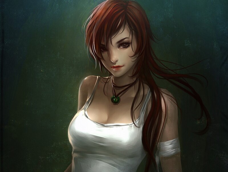 Woman with Red Hair — Dramatic, Digital Art, White Top, Green Pendant