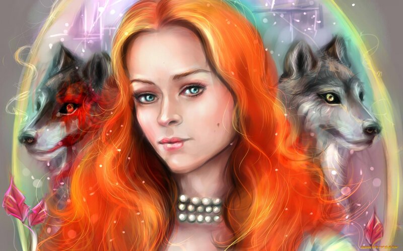 Woman with Red Hair — Dramatic, Digital Art, Wolf