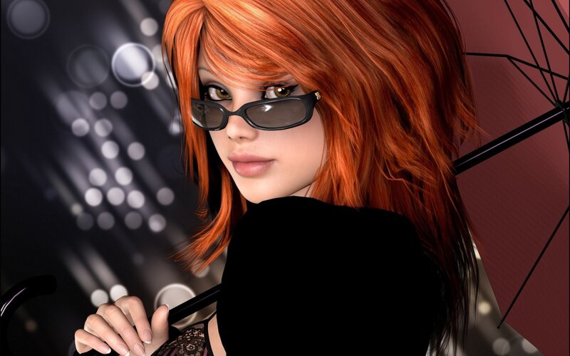 Woman with Red Hair — Dramatic, Night, 3d Render, Sunglasses