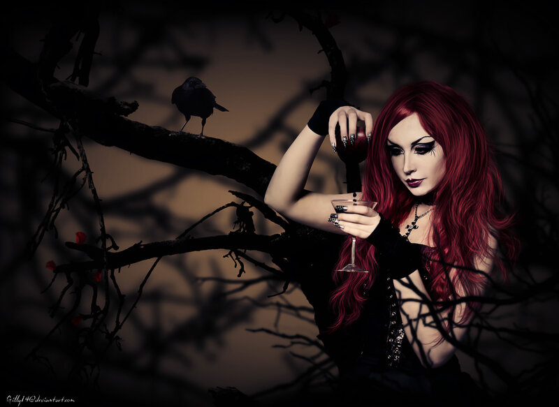Woman with Red Hair — Dramatic, Night, Digital Art, Bird, Glass