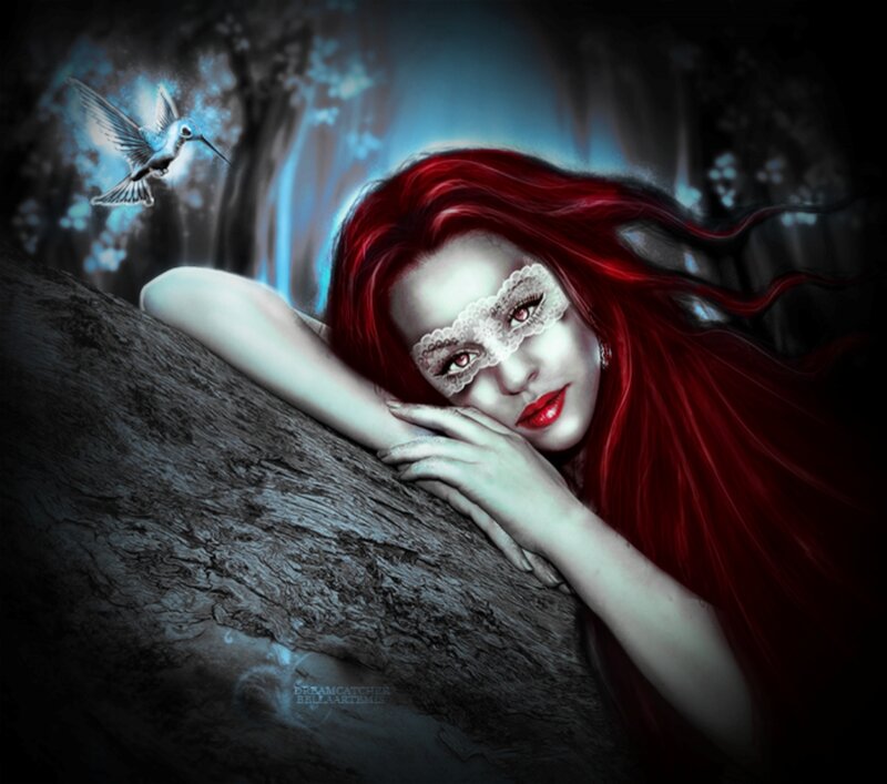 Woman with Red Hair — Dramatic, Night, Digital Art, Bird, Mask