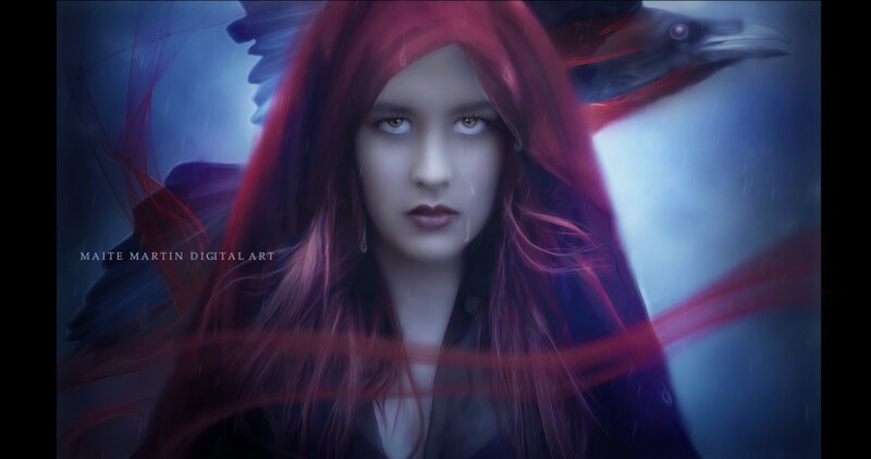 Woman with Red Hair — Dramatic, Night, Digital Art, Bird, Rain