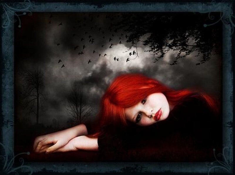 Woman with Red Hair — Dramatic, Night, Digital Art, Birds