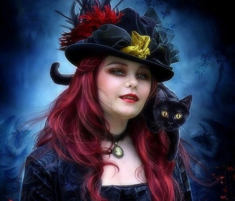Woman with Red Hair — Dramatic, Night, Digital Art, Black Cat, Hat