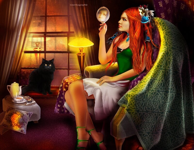 Woman with Red Hair — Dramatic, Night, Digital Art, Black Cat, Mirror