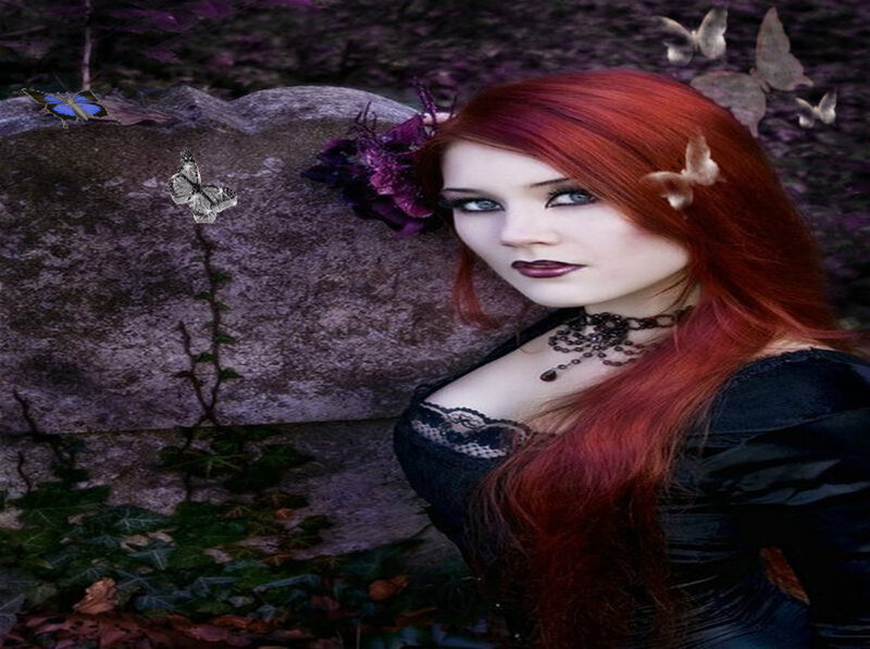 Woman with Red Hair — Dramatic, Night, Digital Art, Butterflies, Stone