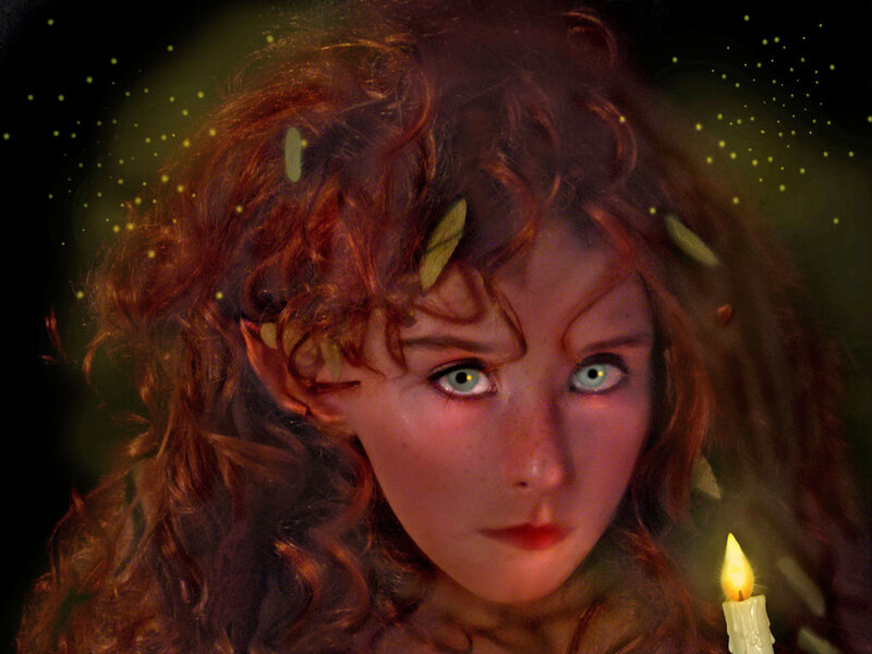 Woman with Red Hair — Dramatic, Night, Digital Art, Candle, Leaves