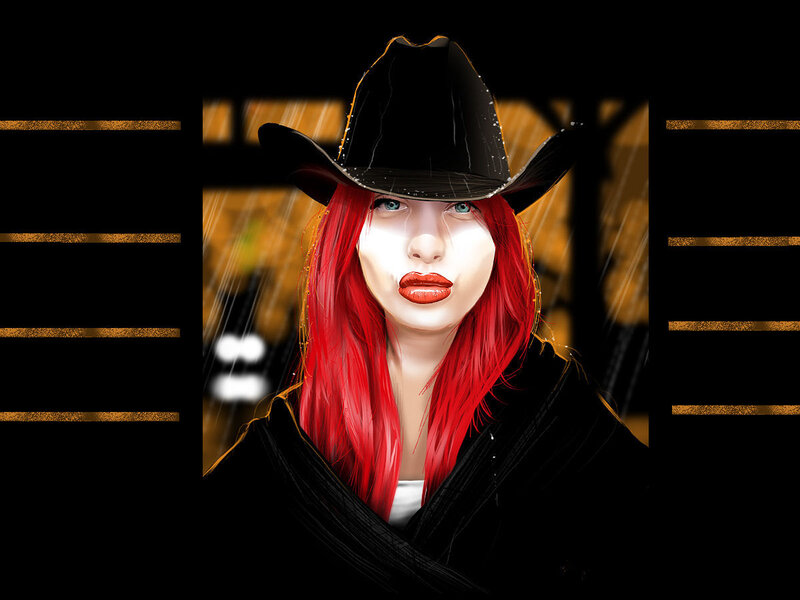 Woman with Red Hair — Dramatic, Night, Digital Art, Cowboy Hat