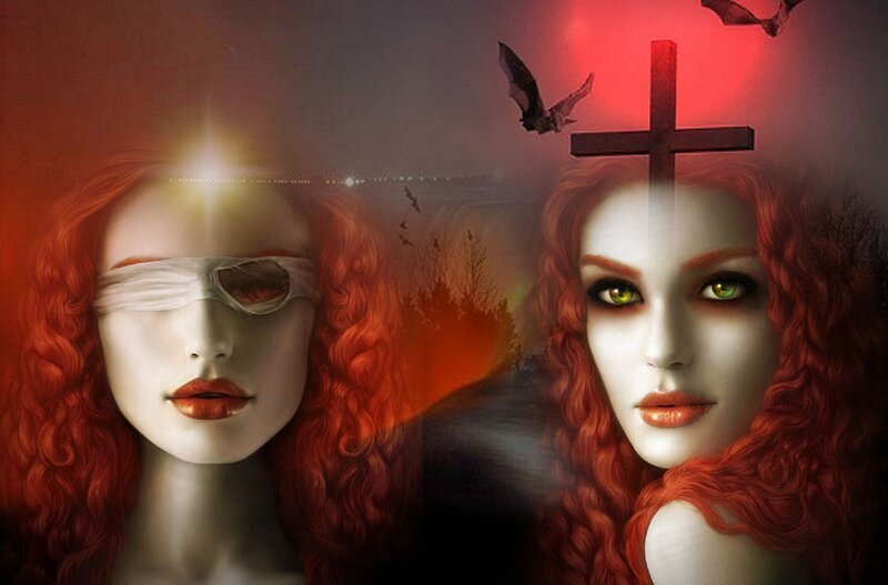 Woman with Red Hair — Dramatic, Night, Digital Art, Cross