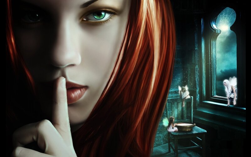 Woman with Red Hair — Dramatic, Night, Digital Art, Fairies