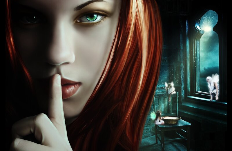 Woman with Red Hair — Dramatic, Night, Digital Art, Fairy