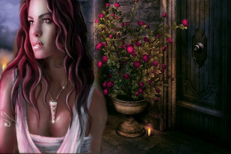 Woman with Red Hair — Dramatic, Night, Digital Art, Flowers