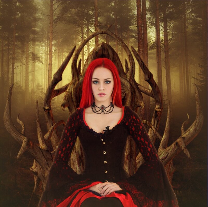Woman with Red Hair — Dramatic, Night, Digital Art, Forest, Dress