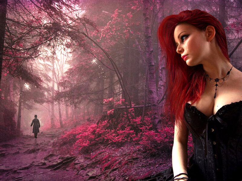 Woman with Red Hair — Dramatic, Night, Digital Art, Forest