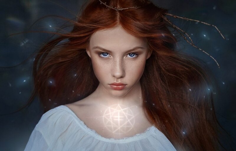 Woman with Red Hair — Dramatic, Night, Digital Art, Glowing Symbol