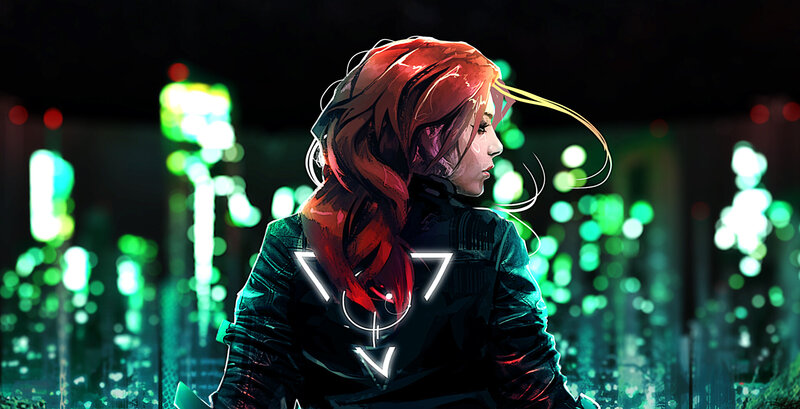 Woman with Red Hair — Dramatic, Night, Digital Art, Jacket, City Lights