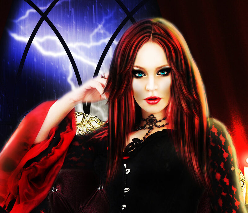 Woman with Red Hair — Dramatic, Night, Digital Art, Lightning