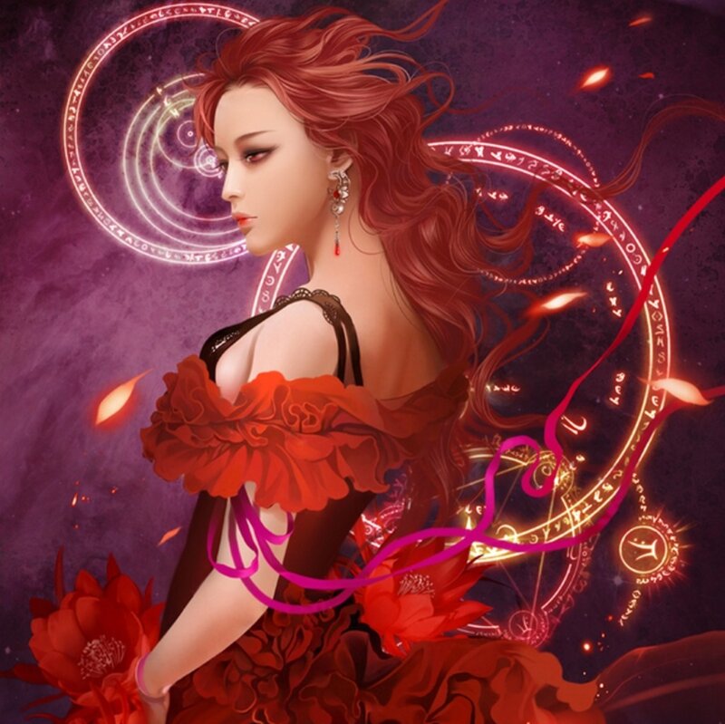 Woman with Red Hair — Dramatic, Night, Digital Art, Magic Circles, Flowers