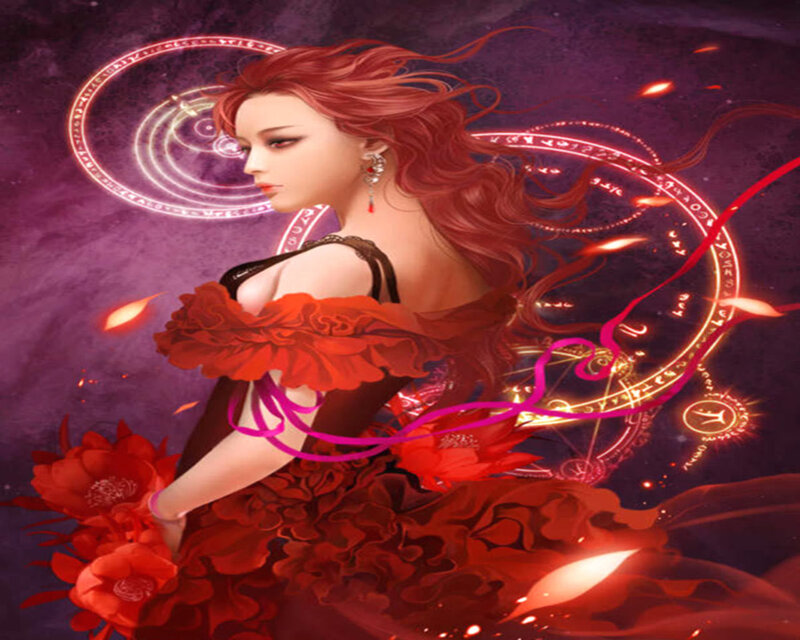 Woman with Red Hair — Dramatic, Night, Digital Art, Magic Circles