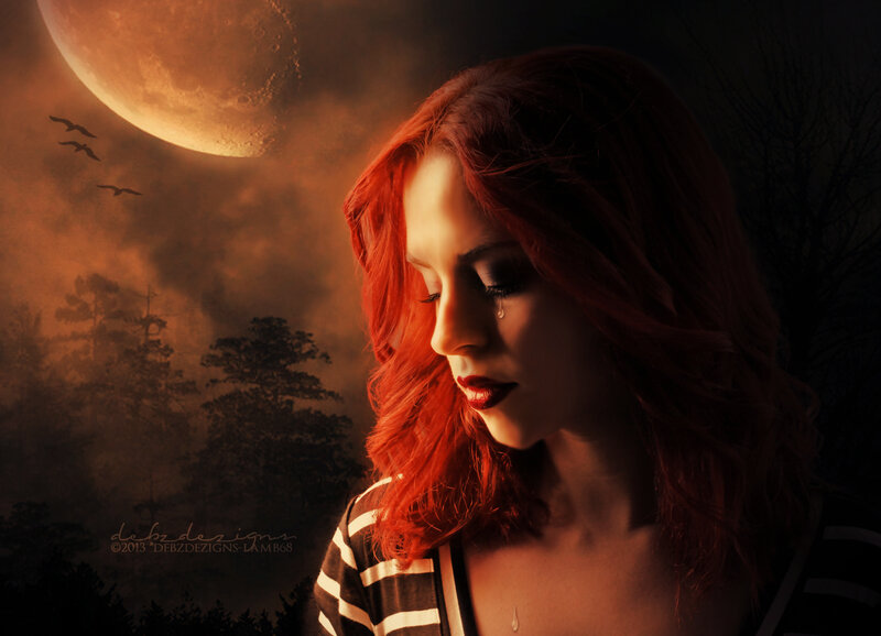 Woman with Red Hair — Dramatic, Night, Digital Art, Moon, Birds
